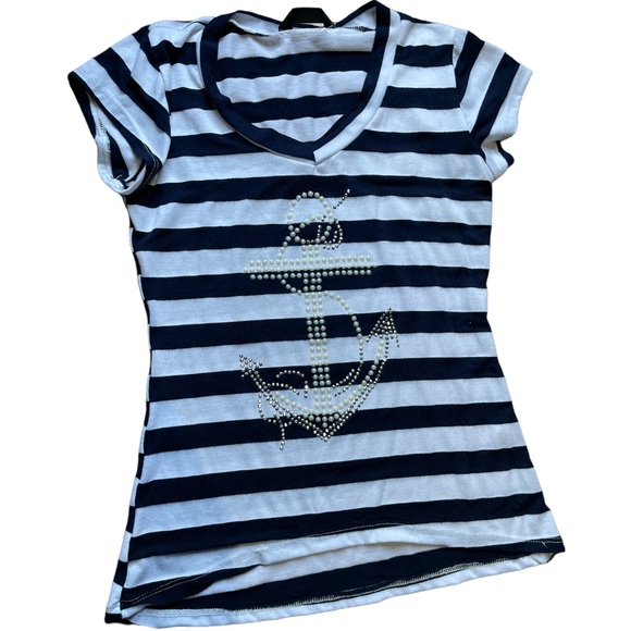 SJS womens petite size small navy white pearl and stud short sleeve anchor top - Picture 2 of 5